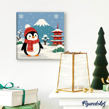Cargar imagen en el visor de la galería, Mini Pintura por Números 20x20cm con bastidor - Pingüino junto al monte Fuji