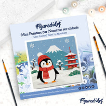 Cargar imagen en el visor de la galería, Mini Pintura por Números 20x20cm con bastidor - Pingüino junto al monte Fuji