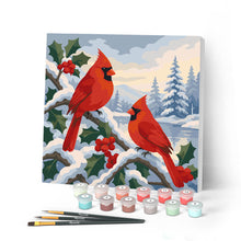 Cargar imagen en el visor de la galería, Pintar por numeros Figured'Art - Mini Pintura por Números 20x20cm con bastidor - Cardenales de invierno