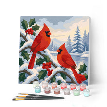 Cargar imagen en el visor de la galería, Pintar por numeros Figured'Art - Mini Pintura por Números 20x20cm con bastidor - Cardenales de invierno