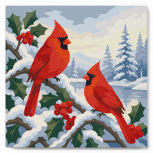 Cargar imagen en el visor de la galería, Mini Pintura por Números 20x20cm con bastidor - Cardenales de invierno