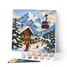 Cargar imagen en el visor de la galería, Pintar por numeros Figured'Art - Mini Pintura por Números 20x20cm con bastidor - Vacaciones de invierno en los Alpes