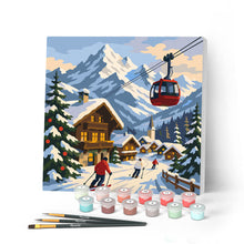 Cargar imagen en el visor de la galería, Pintar por numeros Figured'Art - Mini Pintura por Números 20x20cm con bastidor - Vacaciones de invierno en los Alpes