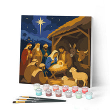 Cargar imagen en el visor de la galería, Pintar por numeros Figured'Art - Mini Pintura por Números 20x20cm con bastidor - Belén de Navidad