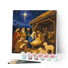 Cargar imagen en el visor de la galería, Pintar por numeros Figured'Art - Mini Pintura por Números 20x20cm con bastidor - Belén de Navidad