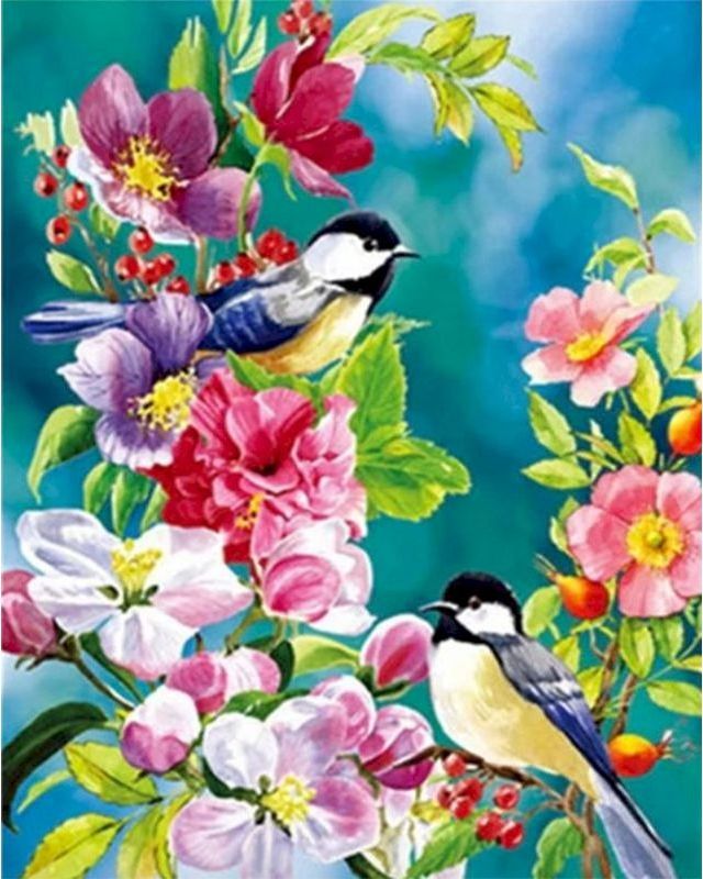 Pintar por números | Pájaros bonitos en primavera | Novedades Animales Pájaros Flores Intermedio | FiguredArt