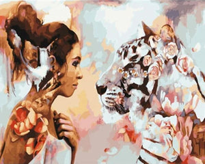 Pintar por números | Mujer y tigre | Novedades Animales Tigres pintura abstracta Intermedio | FiguredArt