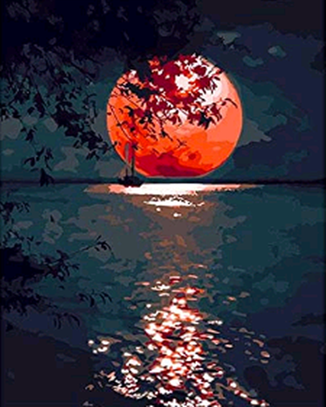 Pintar por números | Luna roja sobre lago | Novedades Paisajes Fácil | FiguredArt