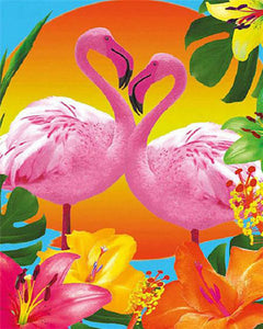 Pintar por numeros Figured'Art - Dúo de flamencos rosas y flores