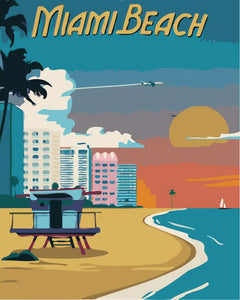 Pintar por numeros Figured'Art - Póster de viaje Miami Beach