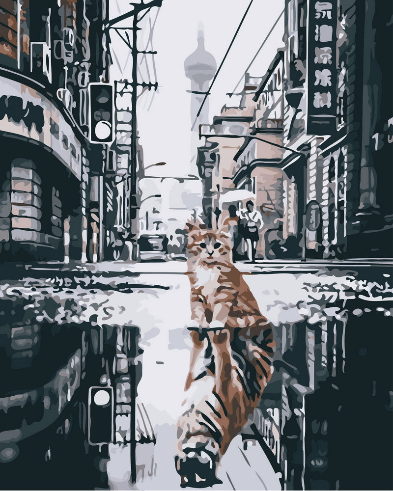 Gato reflejando un tigre en la ciudad