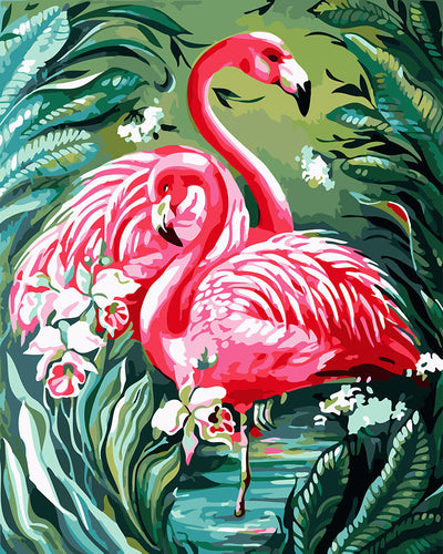 Pintar por numeros Figured'Art - Adorables flamencos rosas y vegetación