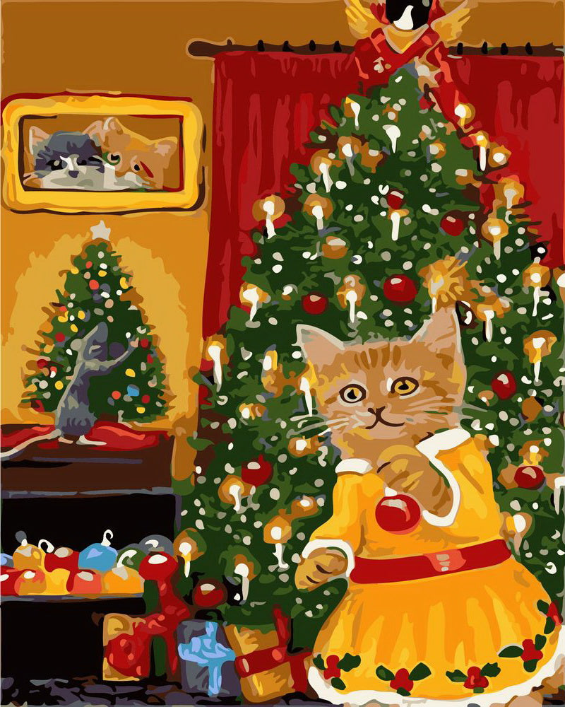 Gato y árbol de Navidad