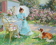 Cargar imagen en el visor de la galería, Diamond Painting - Mujer y su perro en el jardín