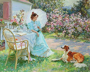 Diamond Painting - Mujer y su perro en el jardín
