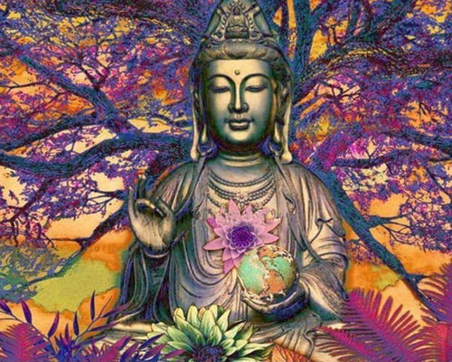 Diamond Painting - Estatua de Buda frente a un gran árbol