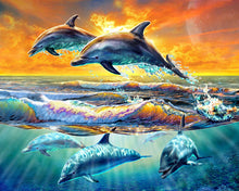 Cargar imagen en el visor de la galería, Pintar por números Amanecer de los delfines Figured&#39;Art Intermedio Novedades Animales Peces Dolfines Paisajes