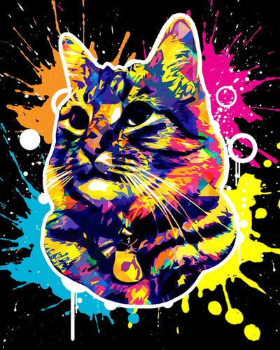 Punto de Cruz Diamante - Diamond Painting - Gato Splash Pop Art 40x50cm con bastidor montado