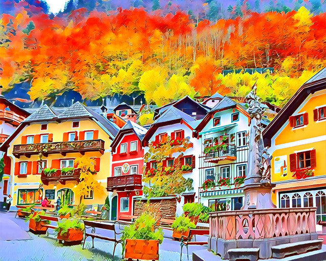 Pintar por números Un colorido pueblo suizo Figured'Art Avanzado Novedades Paisajes Ciudades