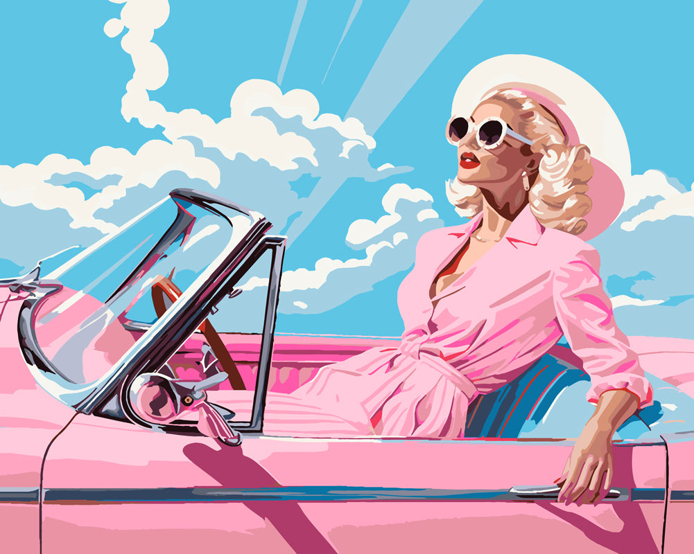 Pintar por numeros Figured'Art - Diva en un Auto Retro Rosa