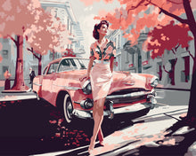 Cargar imagen en el visor de la galería, Pintar por numeros Figured&#39;Art - Dama y Auto Clásico Rosa