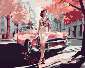 Pintar por numeros Figured'Art - Dama y Auto Clásico Rosa