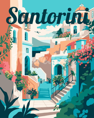 Pintar por numeros Figured'Art - Póster de Viaje Santorini en Flor
