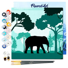 Cargar imagen en el visor de la galería, Mini Pintura por Números 20x20cm con bastidor Elefante en el bosque verde