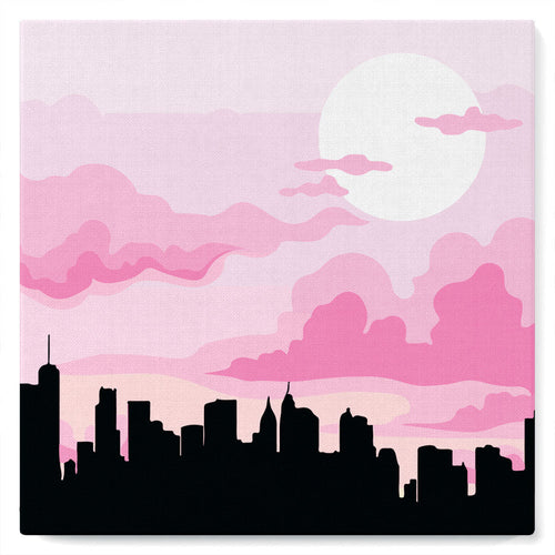 Mini Pintar por Números 20x20cm con bastidor Nueva York bajo un cielo rosa