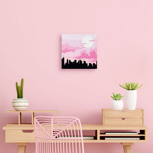 Mini Pintura por Números 20x20cm con bastidor Nueva York bajo un cielo rosa