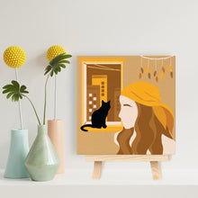 Cargar imagen en el visor de la galería, Mini Pintura por Números 20x20cm con bastidor Mujer y su gato en la ventana
