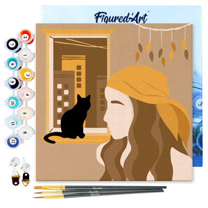 Mini Pintura por Números 20x20cm con bastidor Mujer y su gato en la ventana
