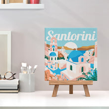 Cargar imagen en el visor de la galería, Mini Pintura por Números 20x20cm con bastidor Póster de Viaje Amanecer en Santorini