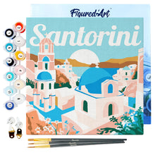 Cargar imagen en el visor de la galería, Mini Pintura por Números 20x20cm con bastidor Póster de Viaje Amanecer en Santorini