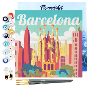 Mini Pintura por Números 20x20cm con bastidor Póster de Viaje Barcelona