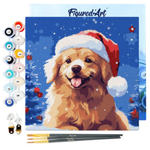 Cargar imagen en el visor de la galería, Mini Pintura por Números 20x20cm con bastidor Perro en la Navidad Nevada