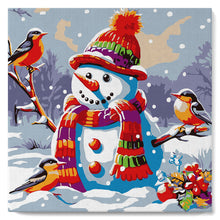 Cargar imagen en el visor de la galería, Mini Pintar por Números 20x20cm con bastidor Muñeco de Nieve y Pájaros