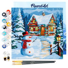 Cargar imagen en el visor de la galería, Mini Pintura por Números 20x20cm con bastidor Muñeco de Nieve y la Cabaña