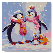 Cargar imagen en el visor de la galería, Mini Pintar por Números 20x20cm con bastidor Familia de Pingüinos en la Nieve