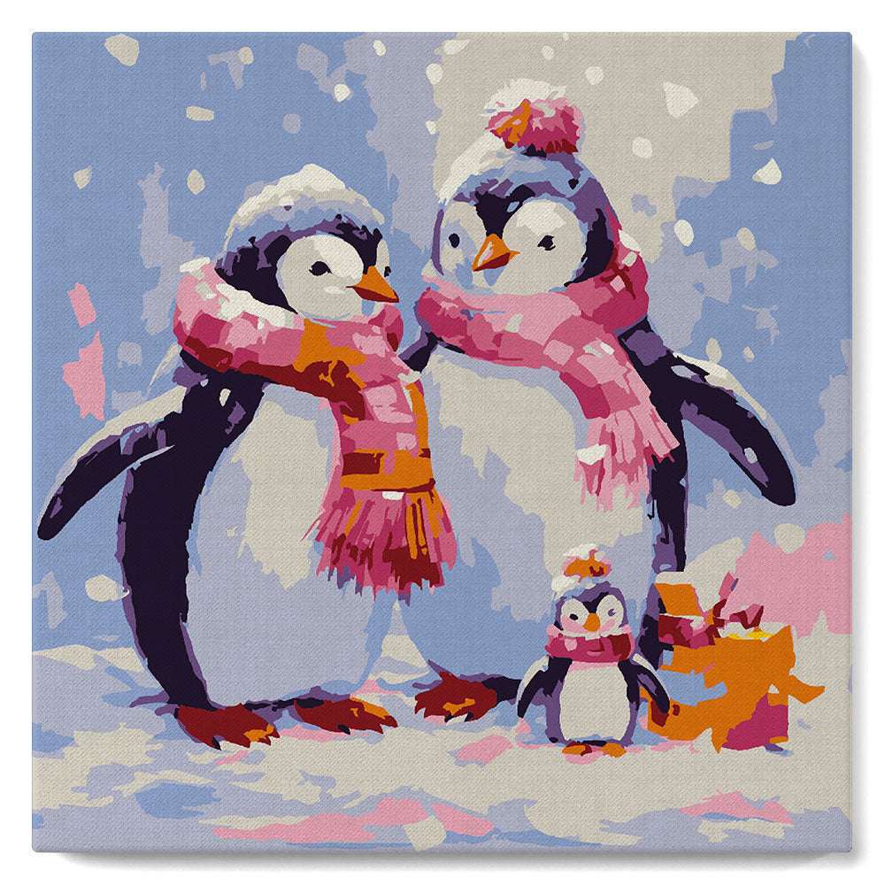 Mini Pintar por Números 20x20cm con bastidor Familia de Pingüinos en la Nieve
