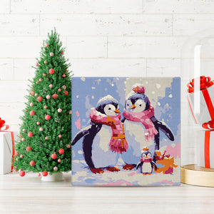 Mini Pintura por Números 20x20cm con bastidor Familia de Pingüinos en la Nieve