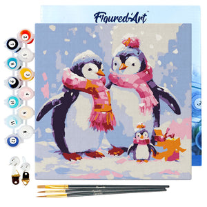 Mini Pintura por Números 20x20cm con bastidor Familia de Pingüinos en la Nieve