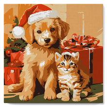 Cargar imagen en el visor de la galería, Mini Pintar por Números 20x20cm con bastidor Gato y Perro de Navidad