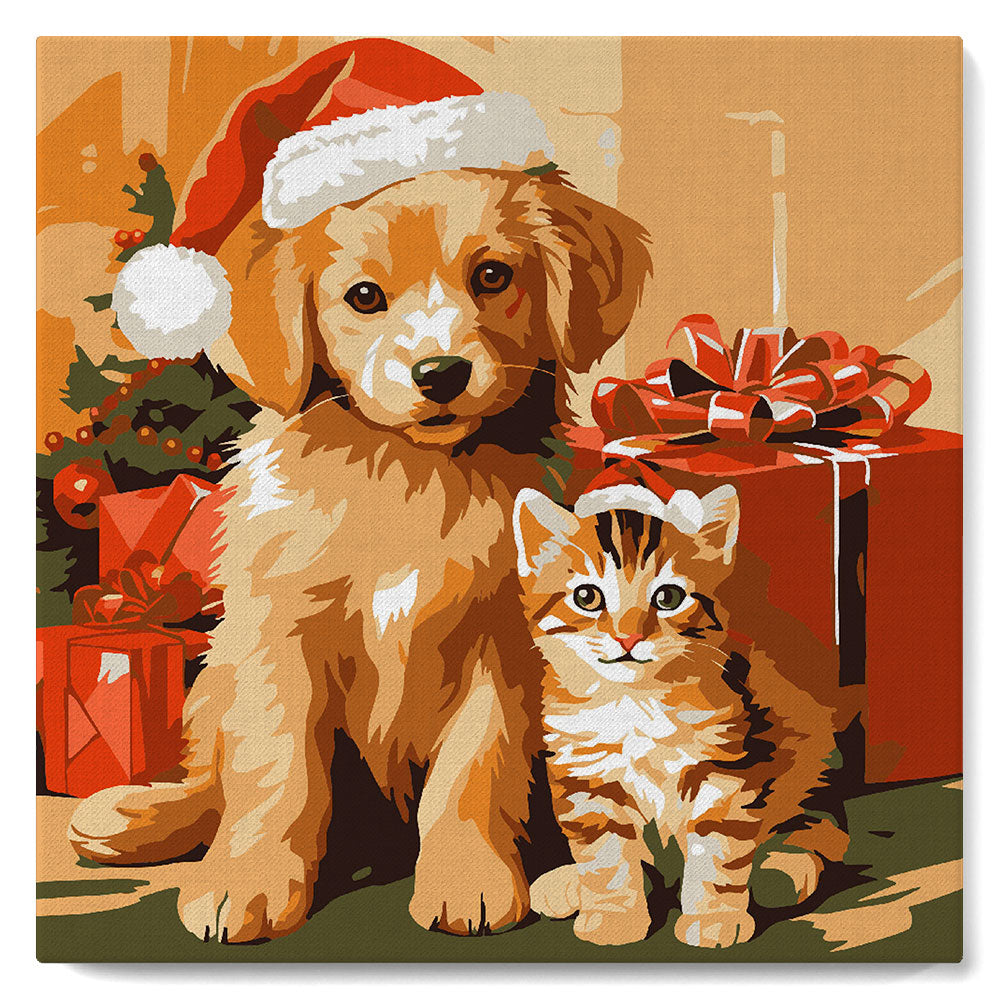Mini Pintar por Números 20x20cm con bastidor Gato y Perro de Navidad