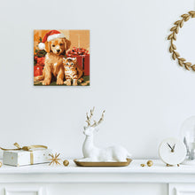 Cargar imagen en el visor de la galería, Mini Pintura por Números 20x20cm con bastidor Gato y Perro de Navidad