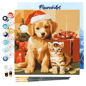 Mini Pintura por Números 20x20cm con bastidor Gato y Perro de Navidad