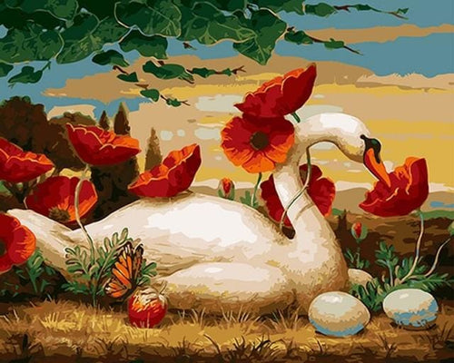 Pintar Por Números - Amapola Y El Cisne - Figuredart - Animales Flores