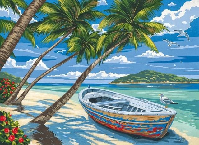Pintar Por Números - Barco Y Palmera En Una Playa - Figuredart - Barcos Paisajes