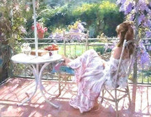 Cargar imagen en el visor de la galería, Pintar Por Números - Chica Sentada En Una Silla En Un Balcón Idílico Para Jugar - Figuredart - Flores Romanticismo