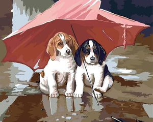 Pintar Por Números - Dos Cachorros Bajo El Paraguas - Figuredart - Animales